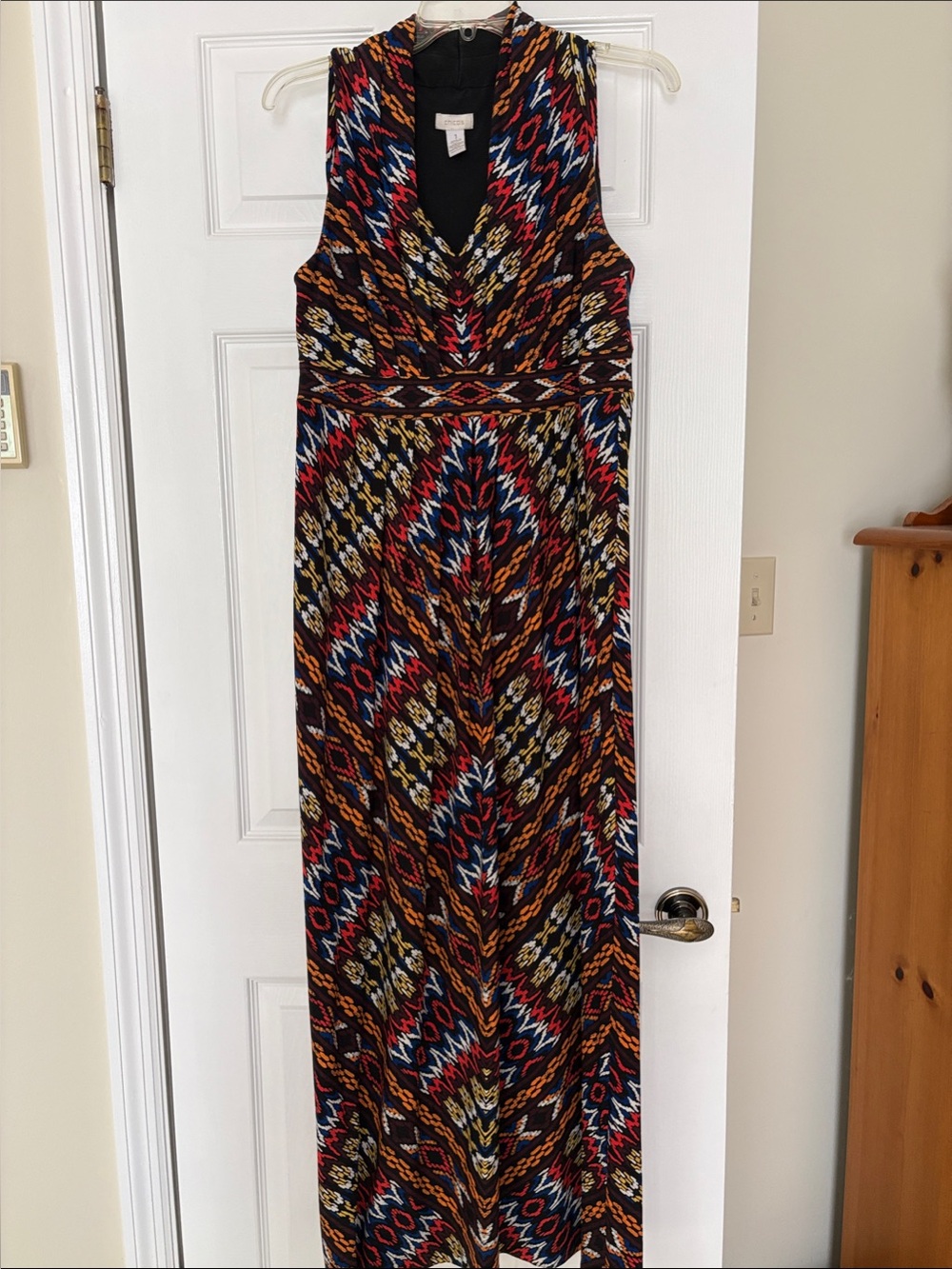Chico's Sleeveless Maxi Dress in Black with Red & Brown Pattern
